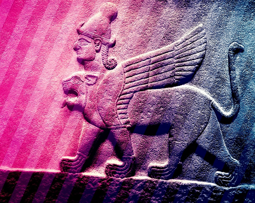 A Hittite chimera (human, lion, wings) with some purplish-blueish colour effect