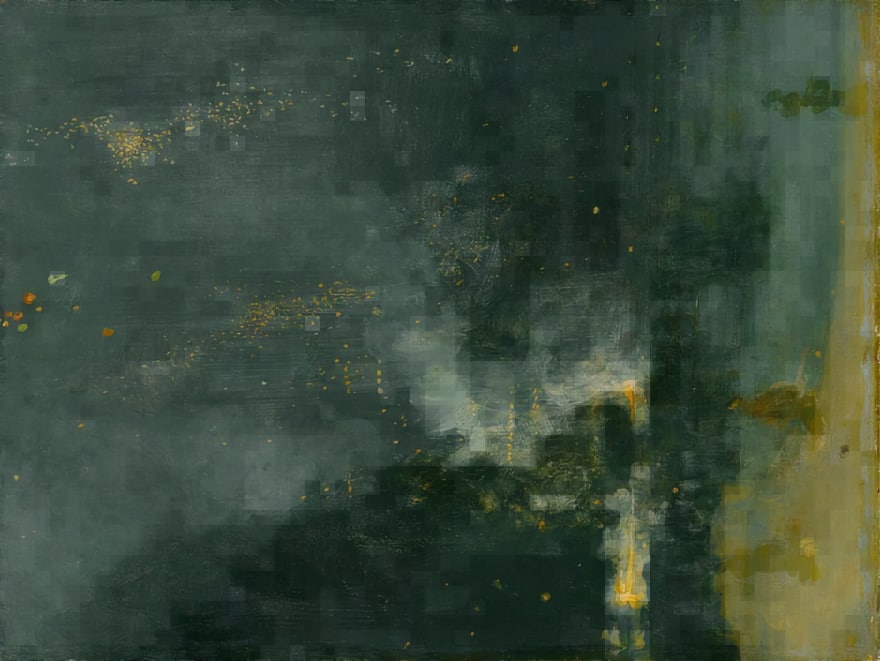 Abstract and pixellated starry fireworks night, based on Nocturne in Black and Gold: The Falling Rocket (1875), by James McNeill Whistler.