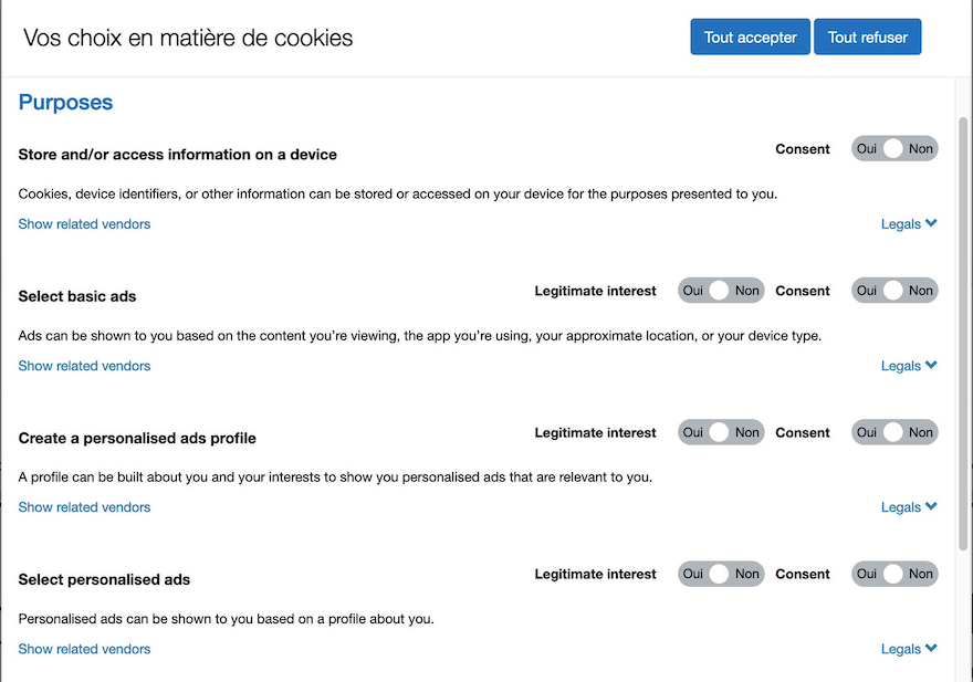 A consent dialog full of troggles (trinary toggles), including the infamous consent to legitimate interest.