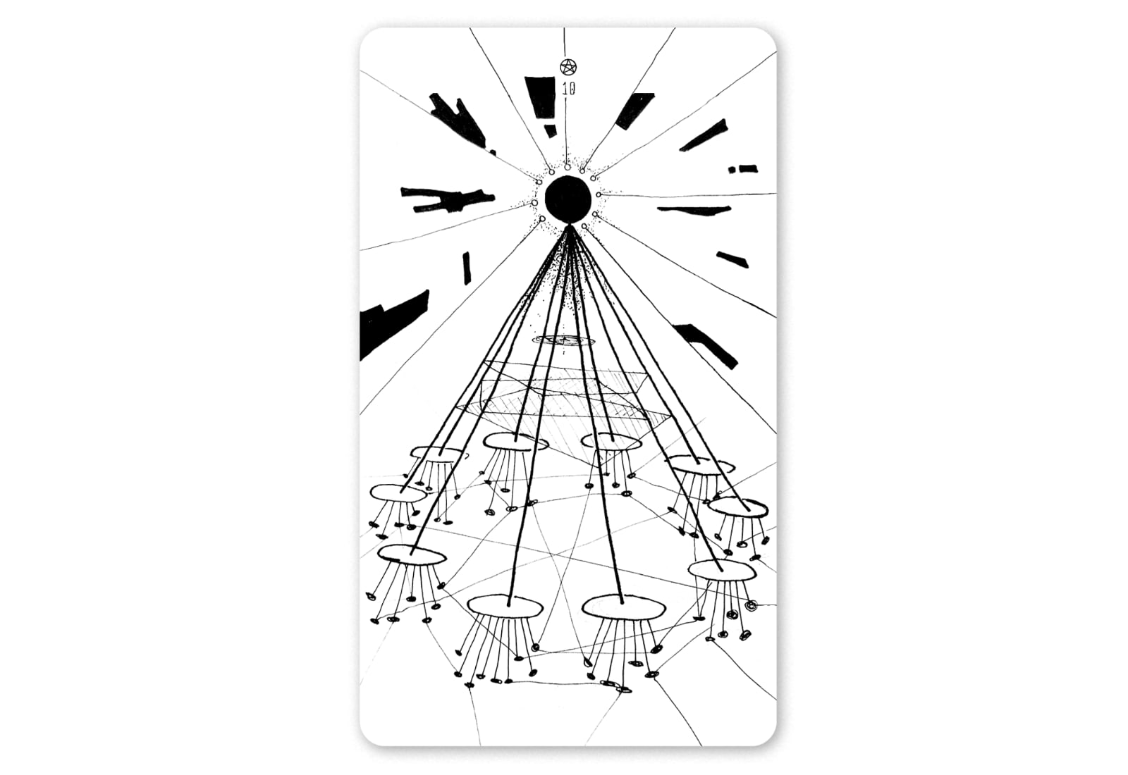 Black and white tarot card with abstract motifs, a sort of black sun with lines radiating out to various structures.